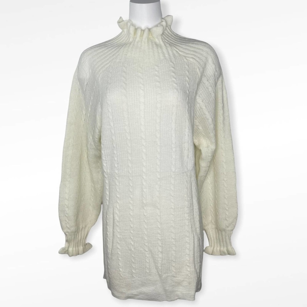NWT Storia Super Soft Ruffle Neck Long Sweater Cream Cableknit M/L
